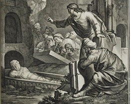 Old engraving of Jesus raising Lazerus from the dead