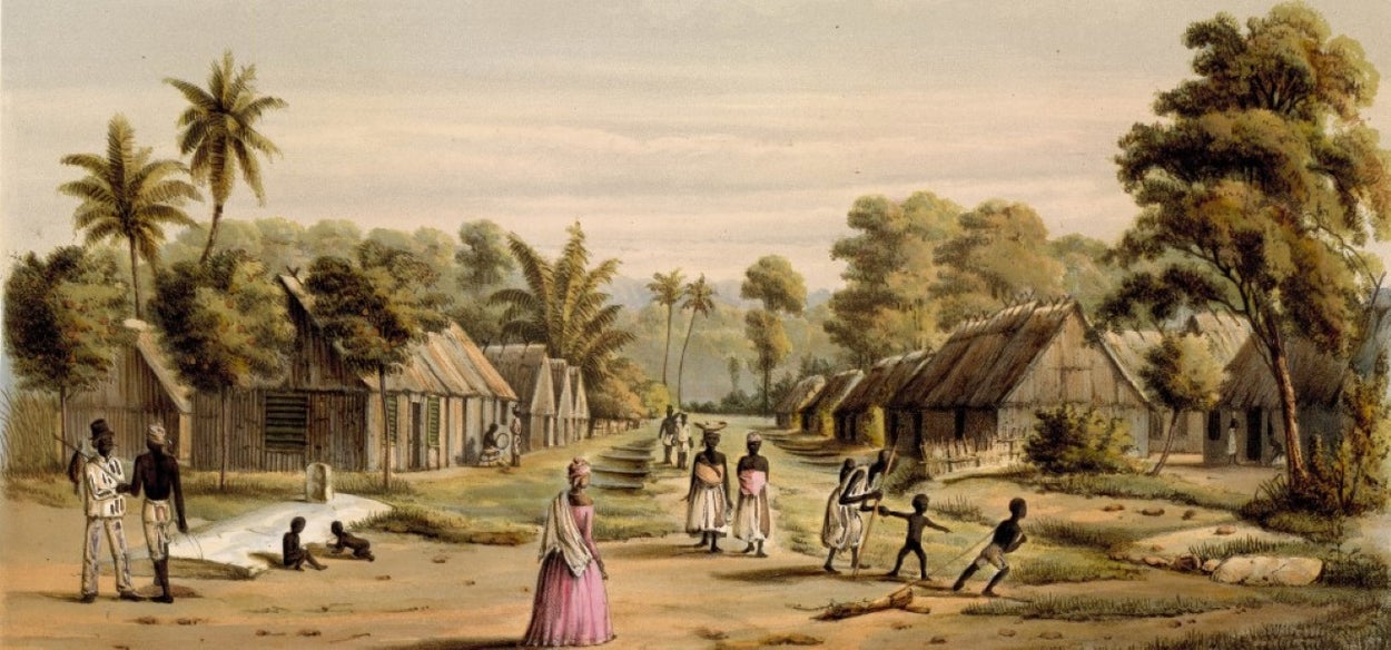 19e eeuwse schilderij van slavenvertrekken van een Surinaamse plantage