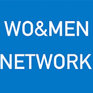 Logo van het VU-netwerk WO&MEN@VU: een blauwe vierkant met 'WO&MEN NETWORK' in witte letters