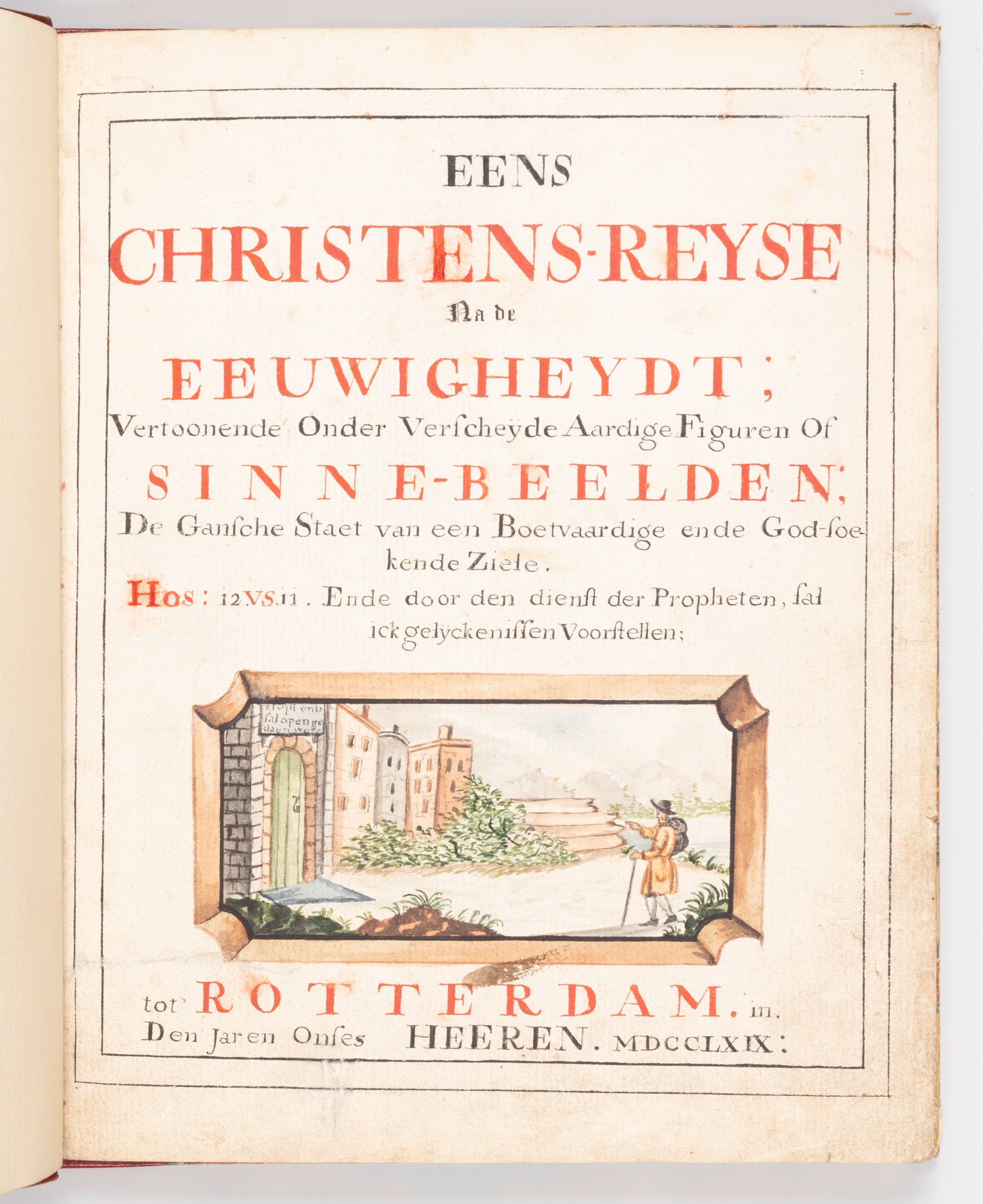 Pagina uit unieke handgeschreven en geaquarelleerde uitgave van John Bunyan beroemde The Pilgrim's Progress (foto: René den Engelsman)
