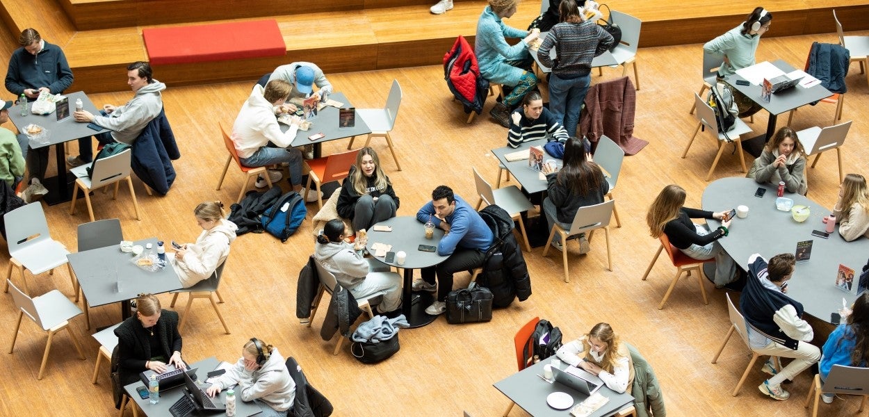 Bovenaanzicht van studenten aan tafeltjes in de hal van het Nieuwe Universiteitsgebouw