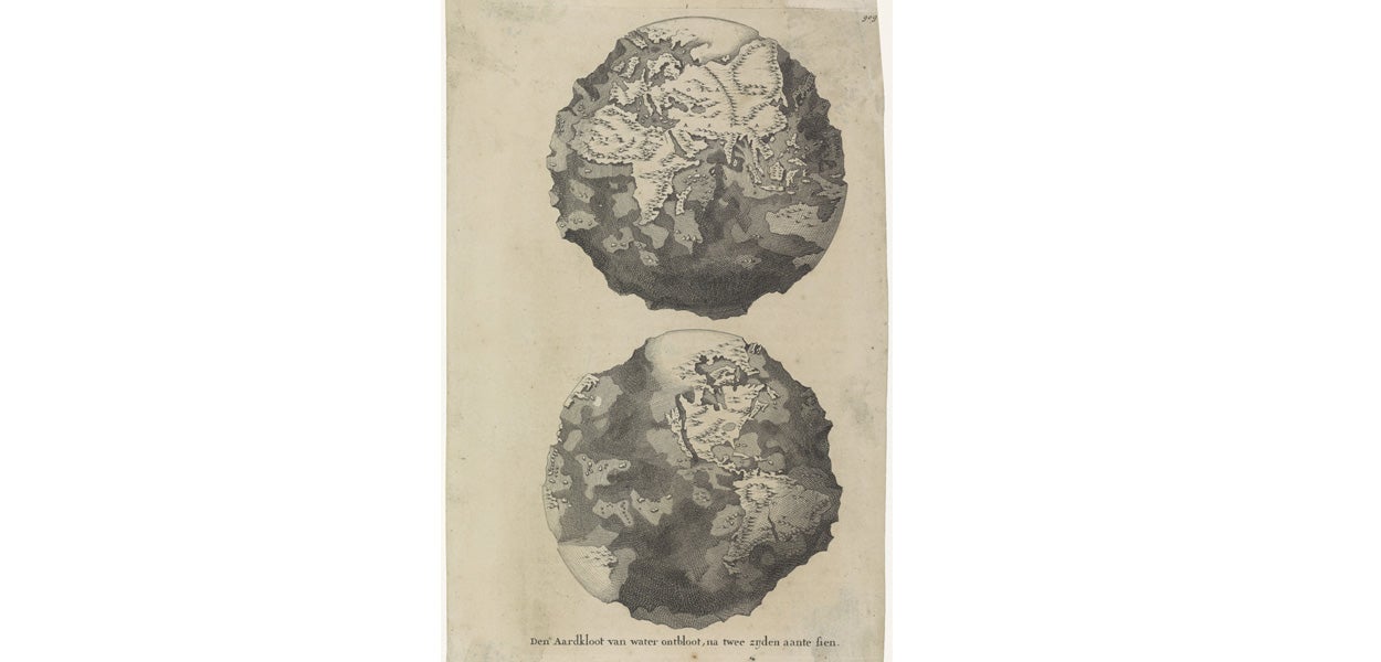 De aarde zonder water getoond, zodat haar gebroken gelaat duidelijk zichtbaar is. Uit Willem Goeree, Voor-Bereidselen tot de Bybelse Wysheid (1690).