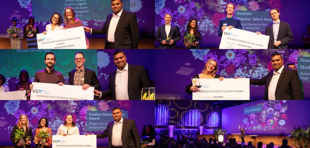 Collage of all VU Education Award winners 2024 posing smiling as they receive their prizes and big cheques