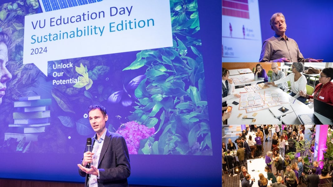 The image shows a collage of moments at the 'VU Education Day 2024 - Sustainability Edition'. Guest speaker Arjen Wals, a workshop, and the joint lunch are pictured. 