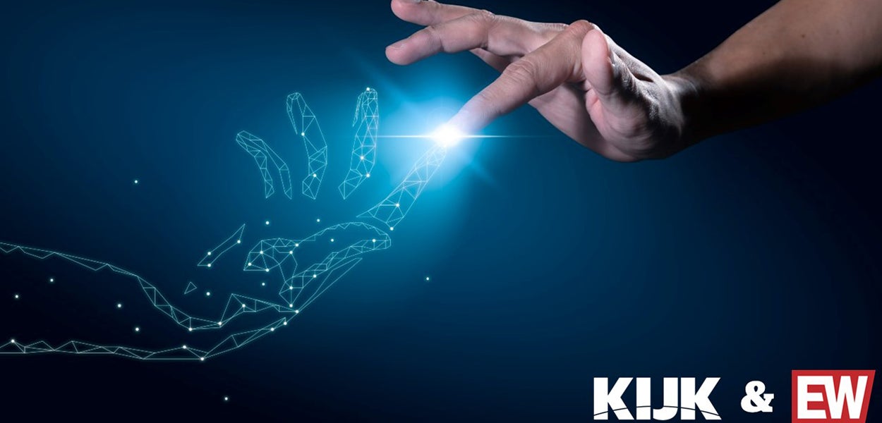 Logo van de bladen KIJK en EW waarbij een menselijk hand een geanimeerd hand aanraakt