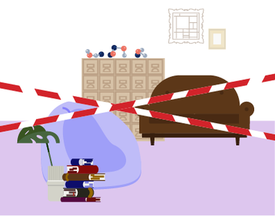 Illustration of a couch and a beanbag blocked by tape