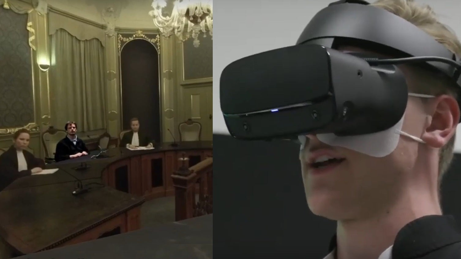 Een rechtenstudent met een VR-bril op ziet een rechtbank met drie medewerkers, twee in toga