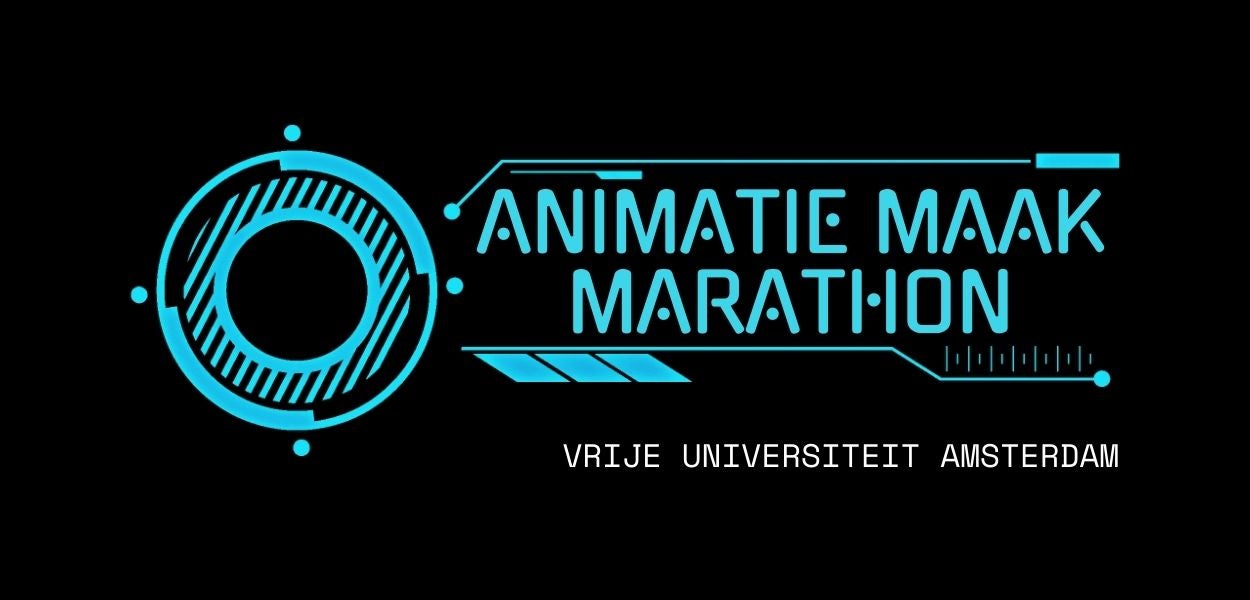 Zwarte achtergrond met lichtblauwe letters: AnimatieMaakMarathon Vrije Universiteit Amsterdam