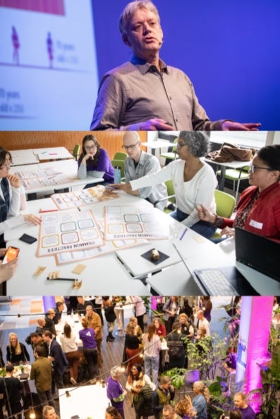 De afbeelding toont een collage van momenten op de 'VU Education Day 2024 - Sustainability Edition', onder andere  gastspreker Arjen Wals, een workshop en de gezamenlijke lunch zijn afgebeeld. 