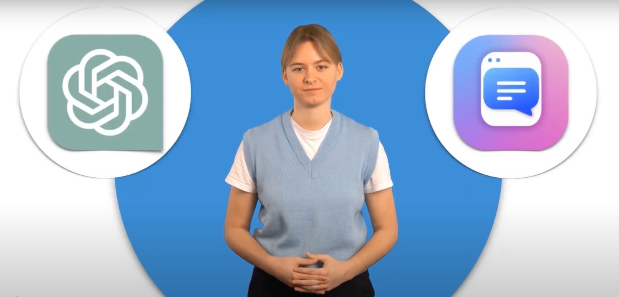 Een vrouw staat tussen twee grote iconen en presenteert een educatieve video over kunstmatige intelligentie.