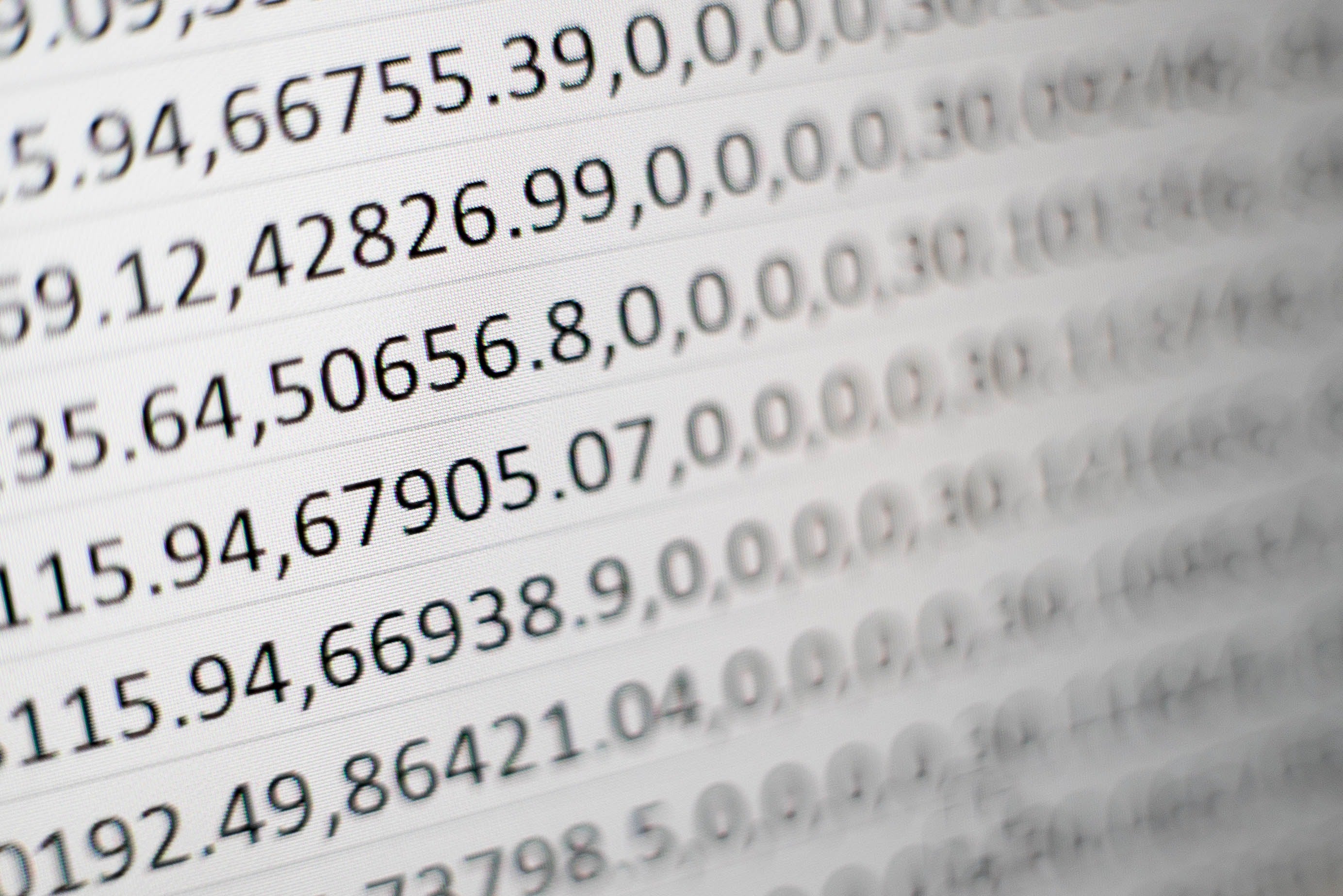 Close-up of data, rows with numbers
