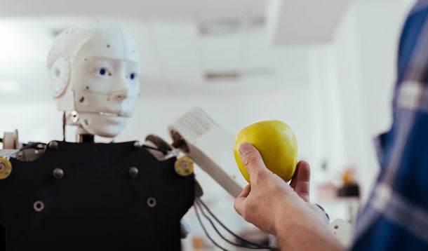 Human shows apple to robot